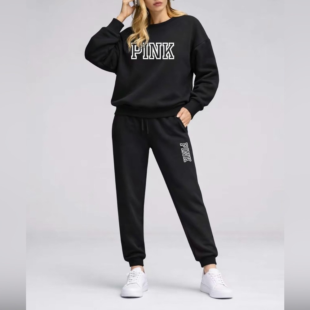 Women’s Pink Letter Print Crewneck Sweatshirt and Drawstring Track Pants Set L